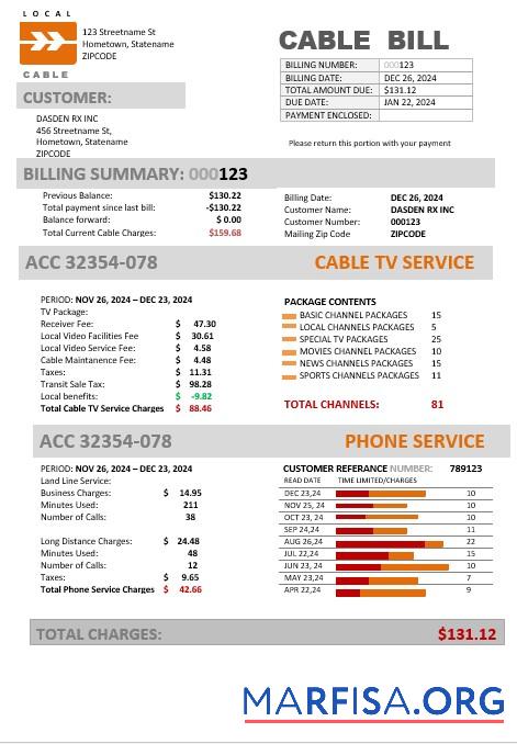 Downloadable USA Marine Local Cable business utility bill template in Word and PDF formats